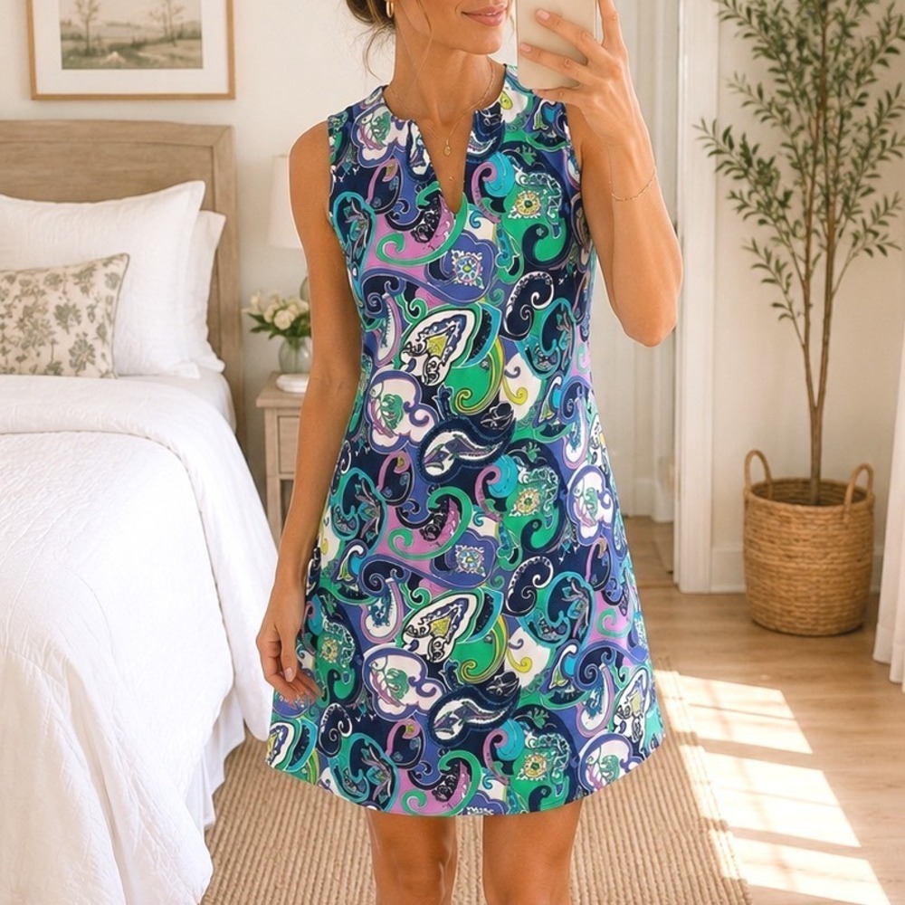 Jude‎ Connally Paisley Sleeveless Shift Dress Navy Green Purple Size S 101174 A5